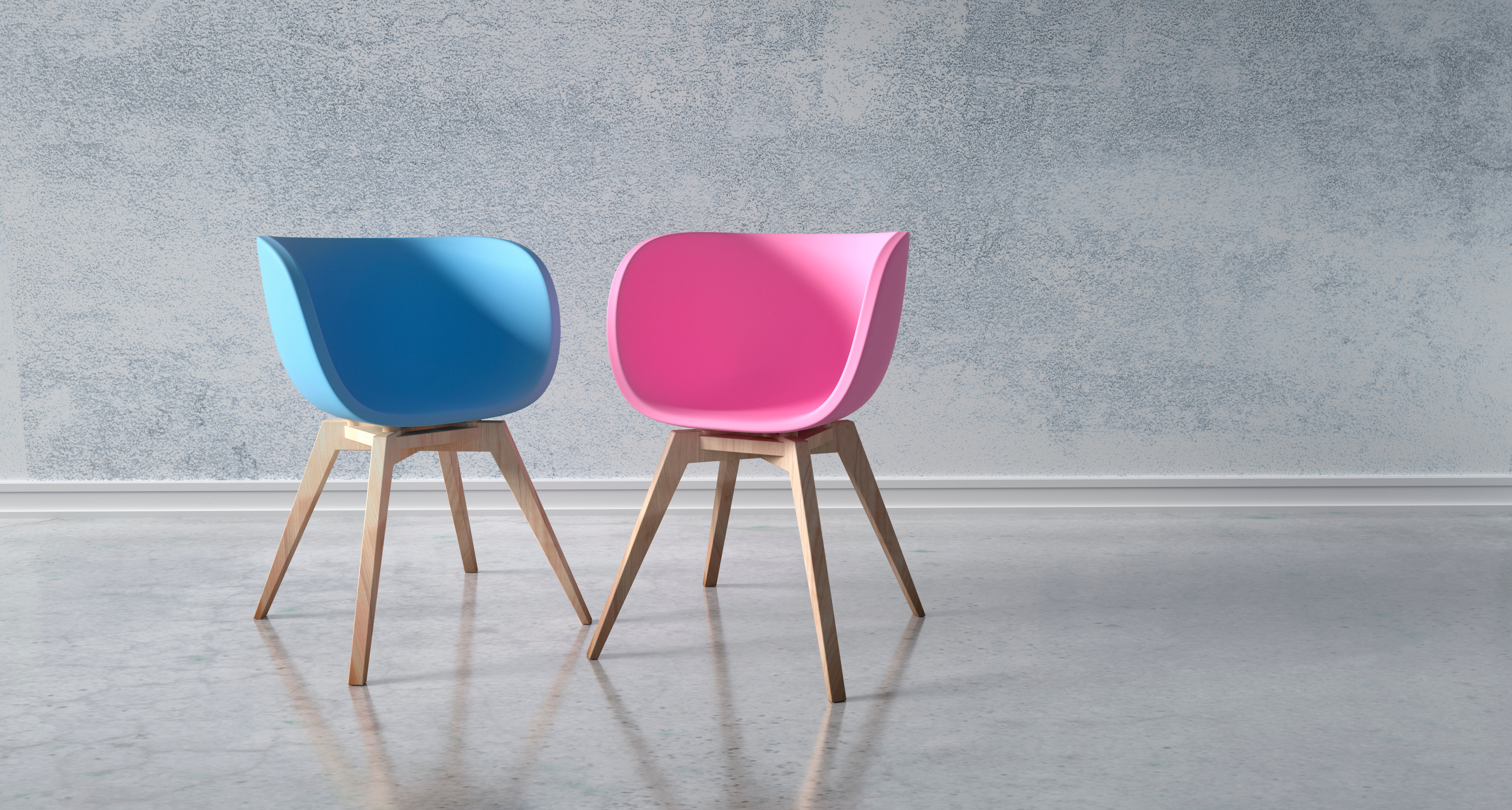 : deux chaises design, une bleue et une rose, face à face sur fond neutre.