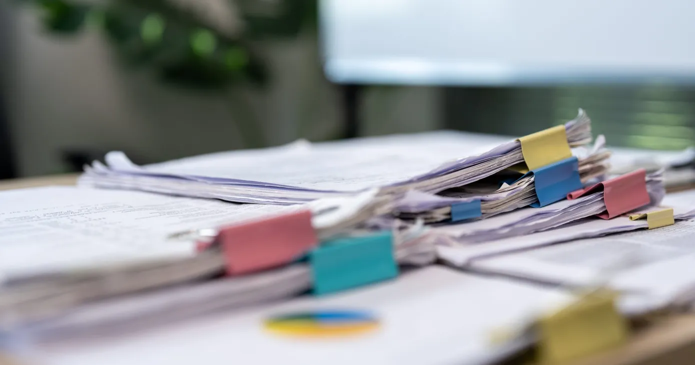 Pile de documents annotés d'onglets de couleur sur un bureau