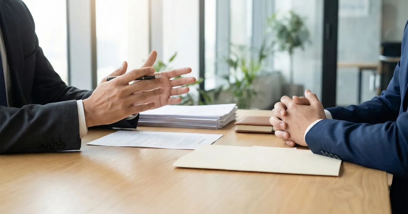 Deux personnes en discussion de part et d'autre d'une table de réunion